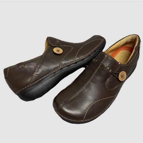 Clarks Un.Loop Women’s Brown Leather Ortholite Slip On Shoes Size 7 M - Picture 1 of 14